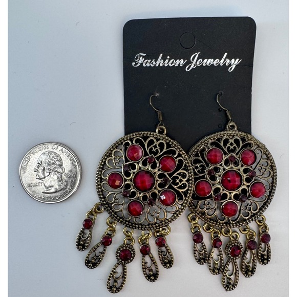 Boho Red Gem Round Chandelier Dangle Earrings Antiq Gold Tone Dream Catcher NWT - Picture 4 of 5